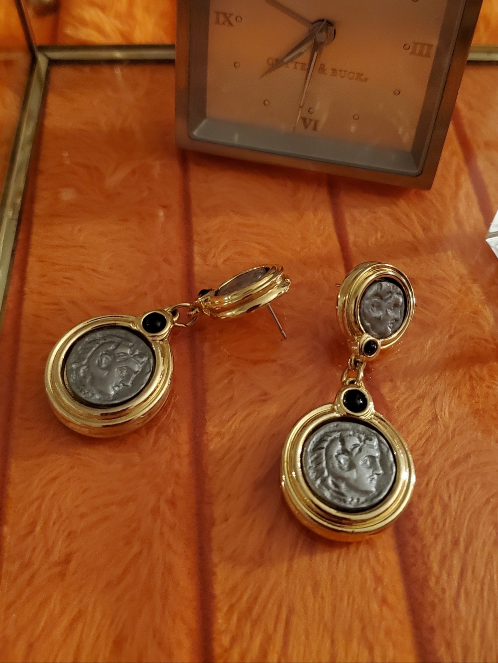 Gold and Silver Coin Drop Earrings with Black Accent - Women Jewelry